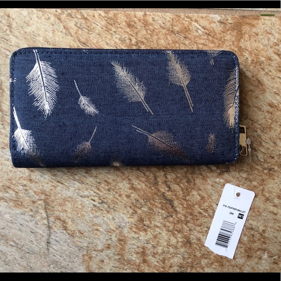 Other - NWT Denim silver feather zippered wallet